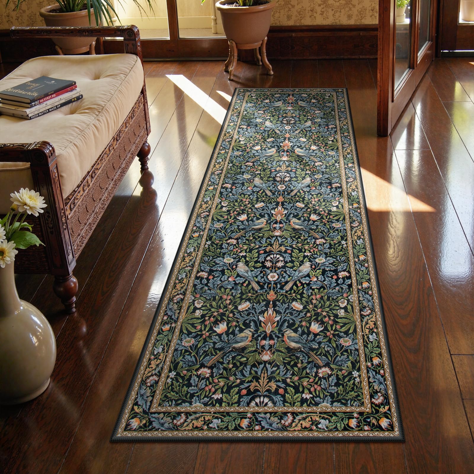 Morebes Washable Floral Hallway Runner Rug 2x6 Non Slip, Boho Floral Birds Kitchen Runner 6ft, Ultra-Thin Super Soft Botanical Indoor Floor Carpet for