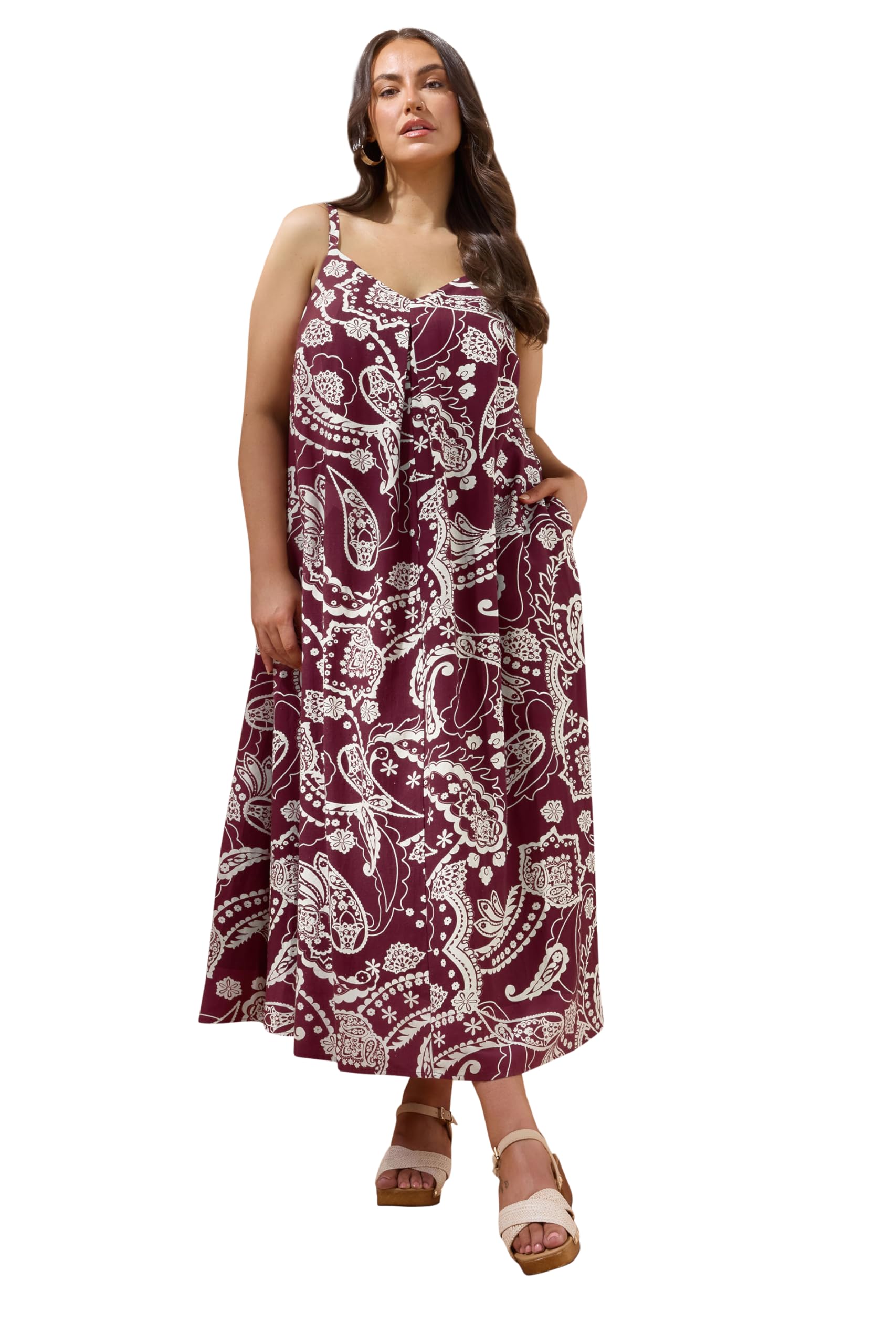 Evans Women's Red Curve Paisley Print Pleat Front Linen Dress - Plus Size Curve