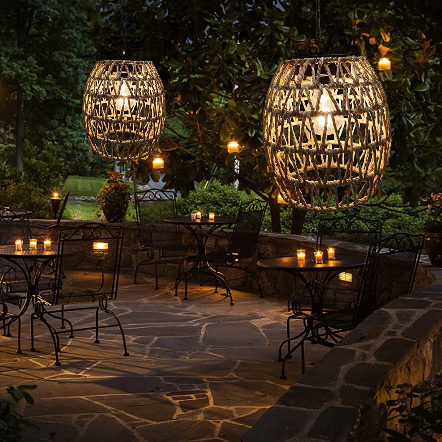 pearlstar Lampade solari da appendere per esterni, in rattan, con catena, lanterne per esterni, resistenti alle intemperie, decorazione boho per giardino, balcone, terrazza, cortile e tavolo