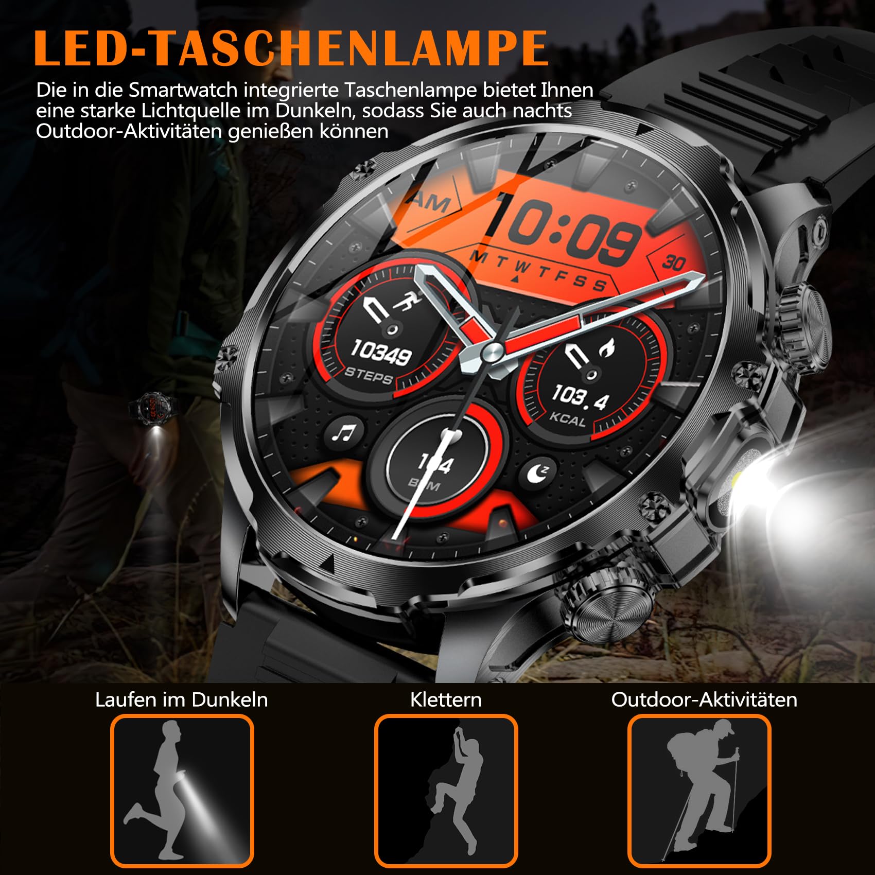 Montre Connectée Homme avec 1.9'' Grand Écran Acier Inoxydable Smartwatch Homme LED Lampe de Poche, Appel Bluetooth Fréquence Cardiaque Sommeil Surveillance Sportifs Podomètre Étanche IP68