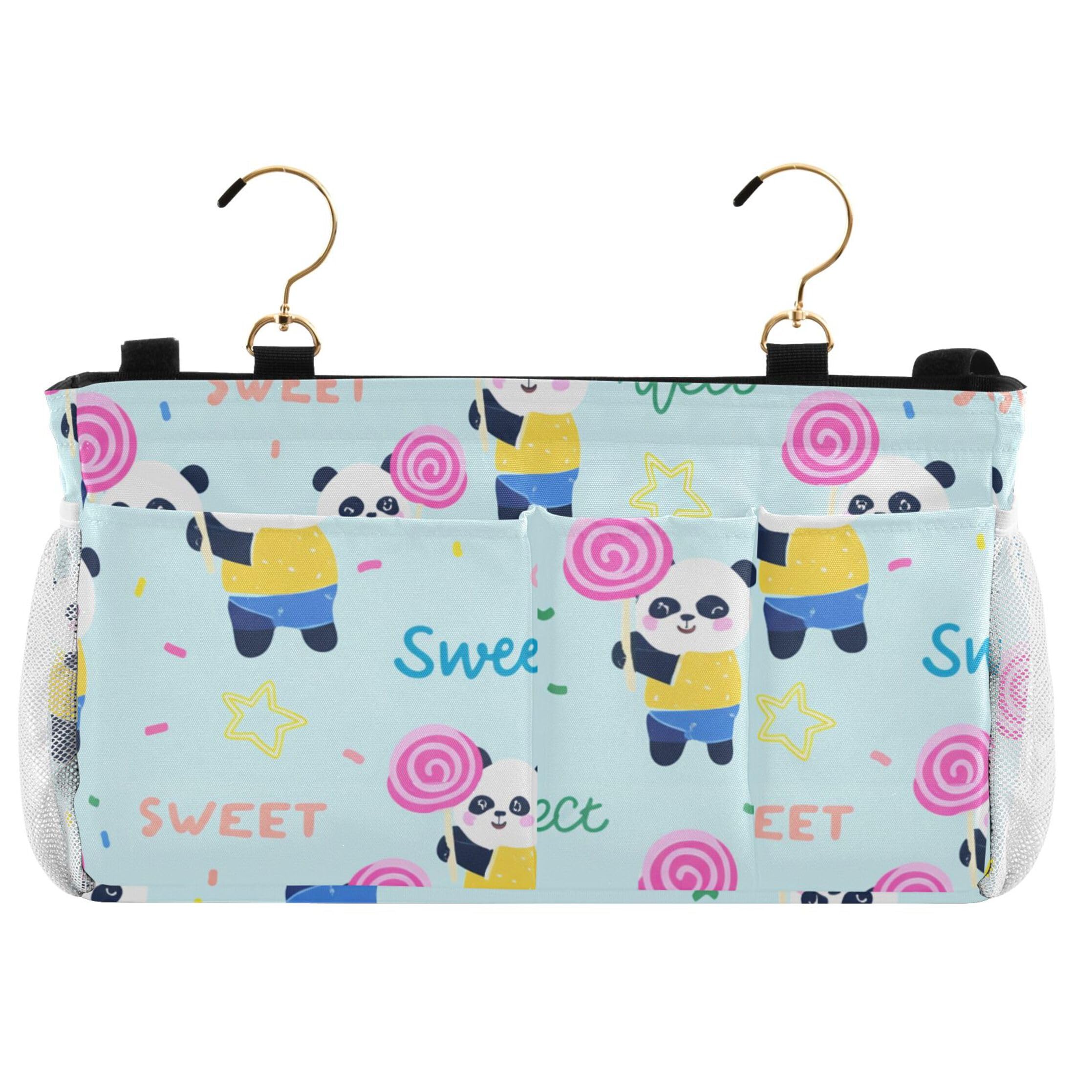 Burbuja Pandas Holding Lollipops Bedside Caddy Hanging Storage Organizer with 2 Straps and Hooks for Home College Dorm Bunk Bed Hospital Bed Crib