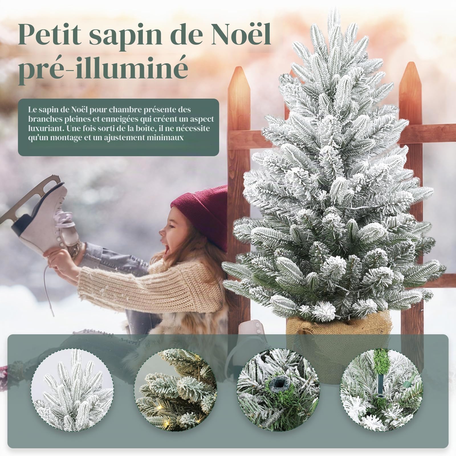 Gfilay Sapin de Noël Artificiel 90 cm Pré-éclairé avec 60 LED et 8 Modes d'Éclairage