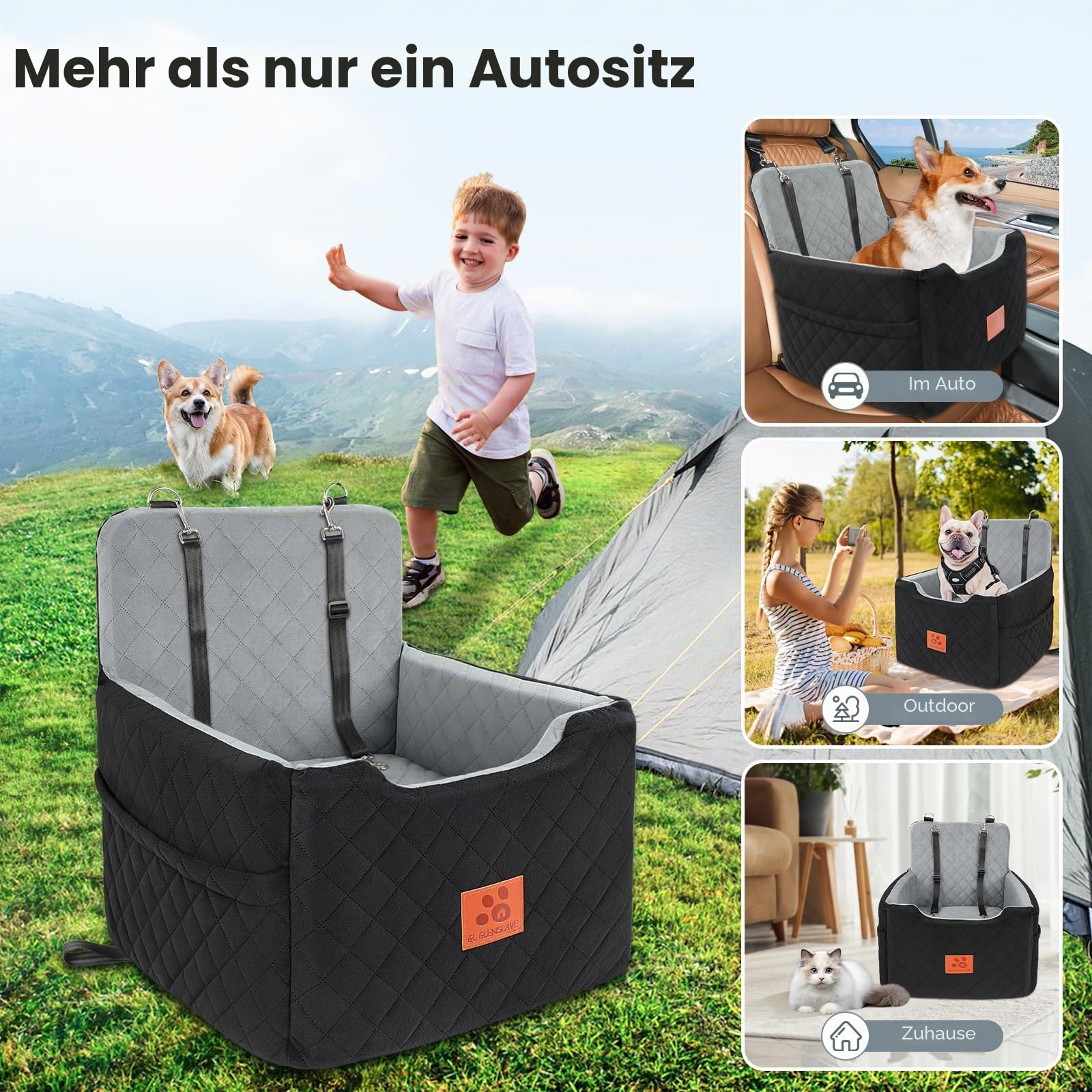 GL GLENSLAVE Autositz Hunde für kleine/mittlere Hunde unter 15 Kgs,Hunde Autositz,Abnehmbarer und waschbarer Haustier Autositz,Hundebett mit 2 Sicherheitsgurten(Schwarz/Grau)