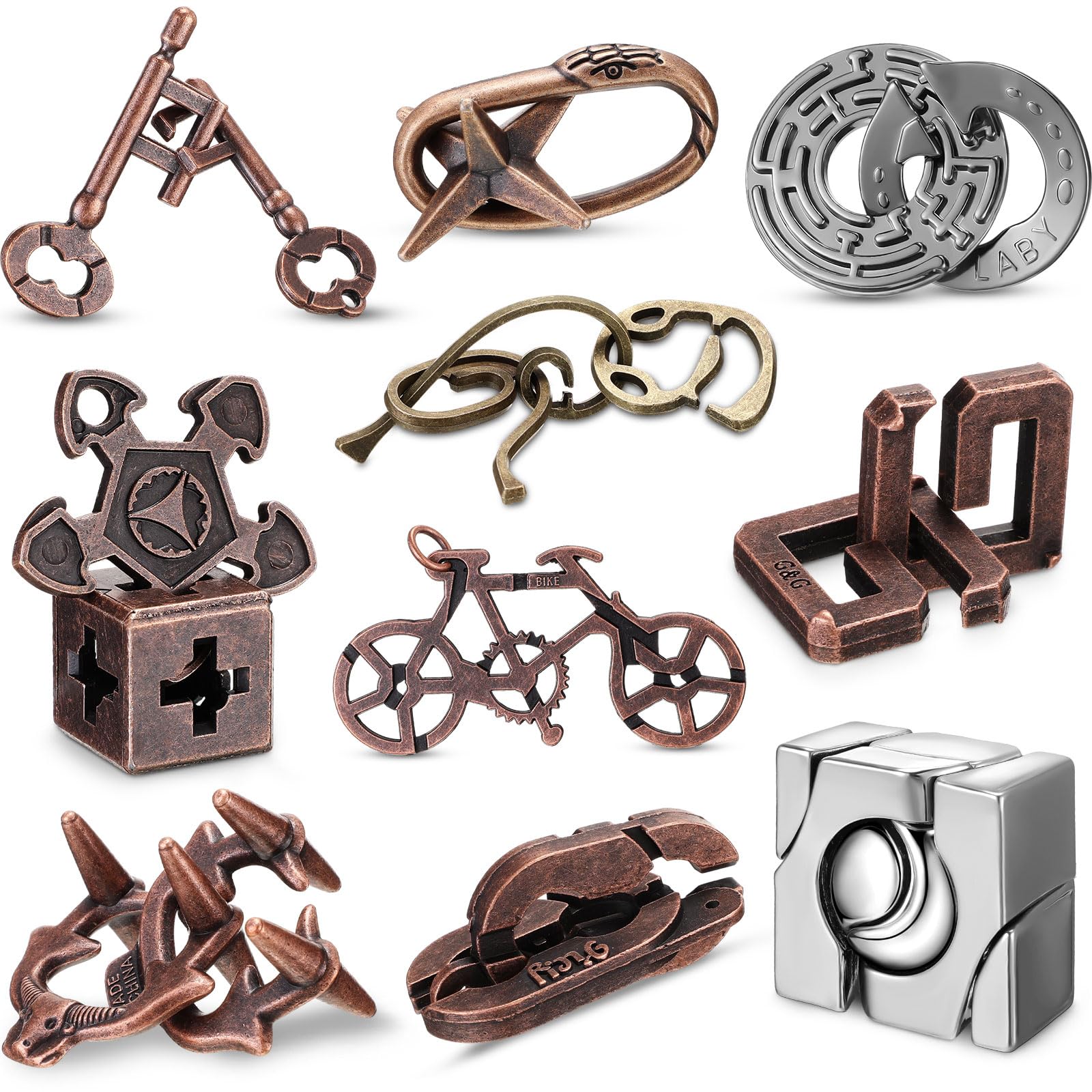 Syhood10 Pieces Metal Brain Teaser Puzzles for Adults 3D Steel Puzzle Difficult Magic Mind Challenge Unlock Interlocking Games Iq Smart Logic Test Toys Basket Filler Stuffers(Stylish)