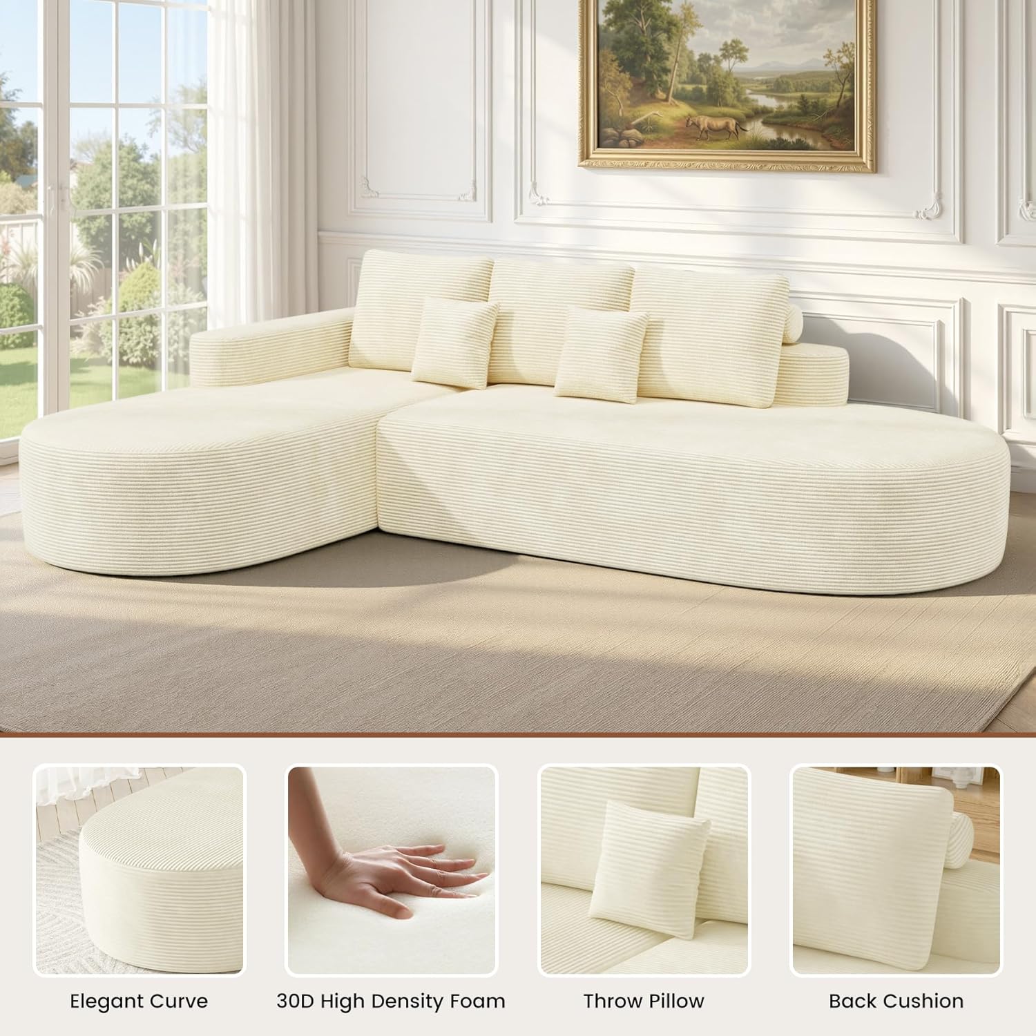 112" Modular Curved Cloud Couch, Oversized Couches for Living Room, Modern Boneless Sectional Sofa with Deep Seat, Foam Couch, No Assembly Required, Beige, 1PCS