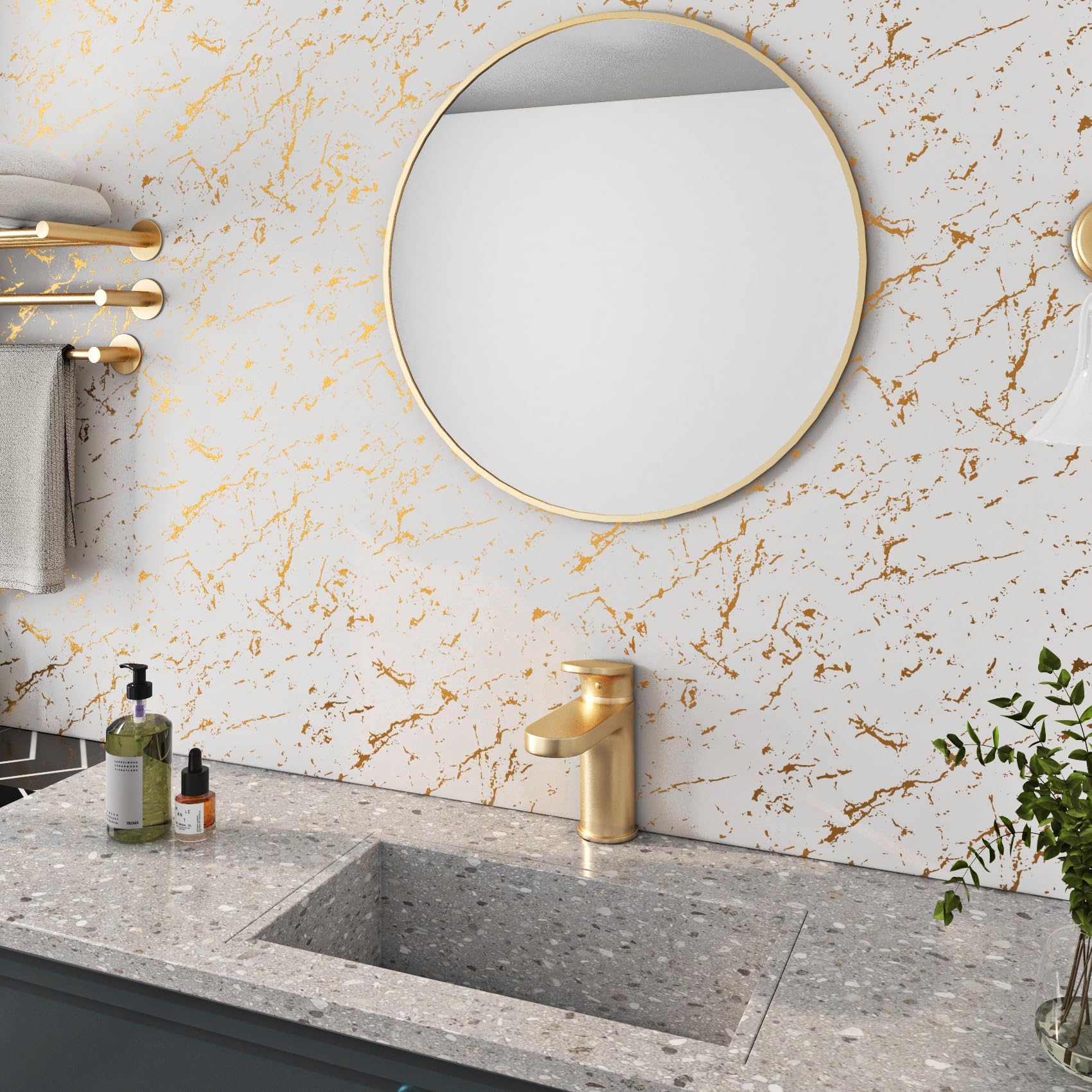 FunStick Papel tapiz autoadhesivo impermeable de 91 x 508 cm, color blanco crema y dorado, para despegar y pegar, papel de contacto de encimera para armarios de cocina, papel de pared autoadhesivo