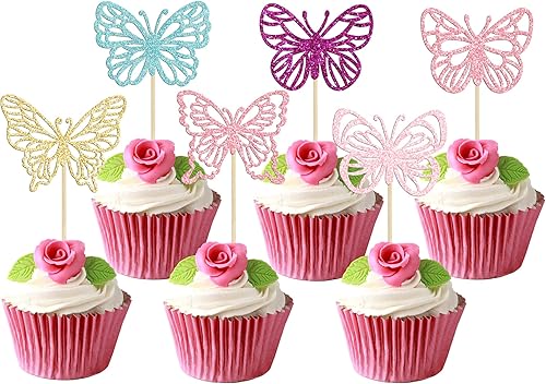 Gyufise 36 adornos de mariposa para cupcakes con purpurina montada de mariposa para baby shower, decoración para bodas, compromisos, despedidas de