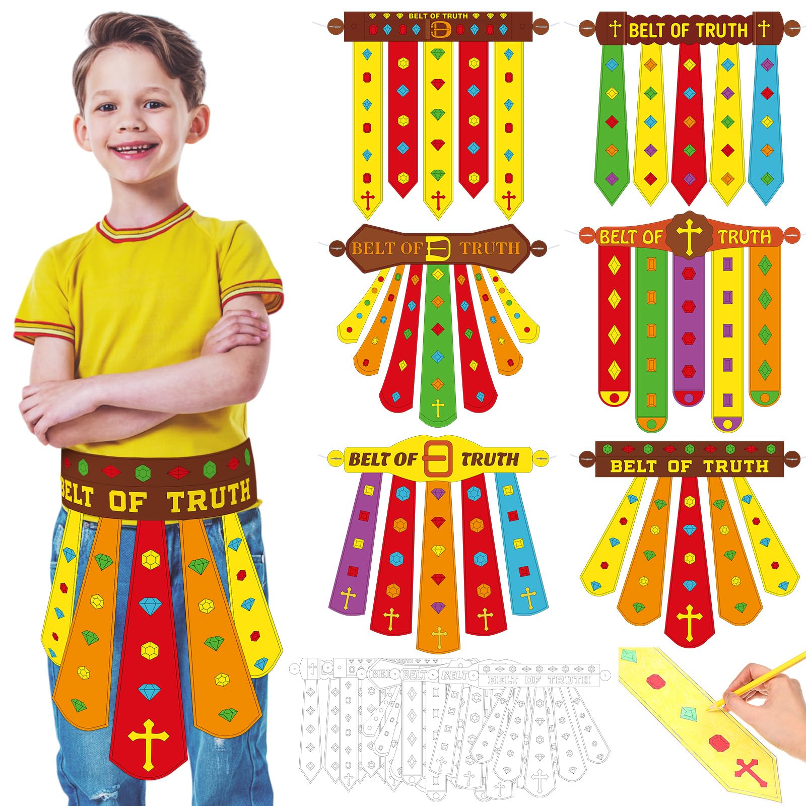 12 Pcs Armor of God Crafts Kit DIY Armor of God Belts Bible Religious Christian Sunday School Crafts with Elastic Ropes for Home School Classroom