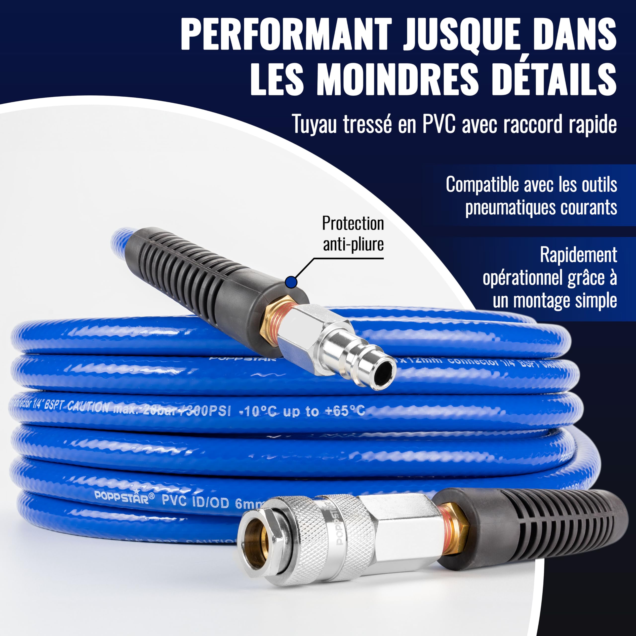 Poppstar PVC Tuyau d'Air Comprimé 6/12mm, 20m longue, Raccord Rapide Standard, 20 bar, bleu