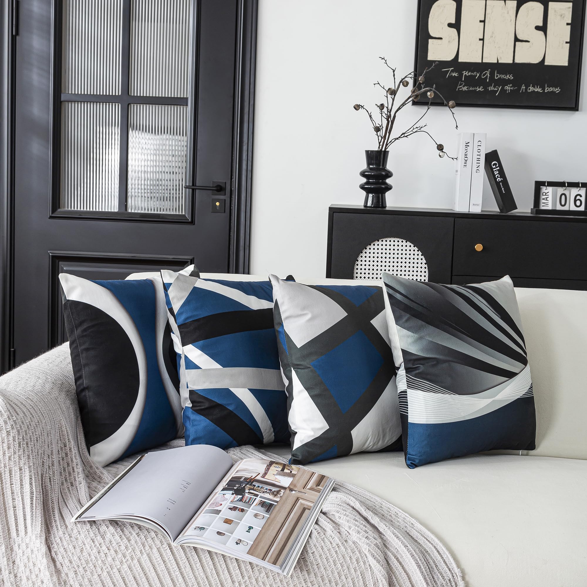 ZHILING Set of 4 Cushion Covers 45x45cm Abstract Dark Blue Black Grey Stripes Bold design Pillow Cases Home Decor Square cushion covers 18x18 Inches - Image 2