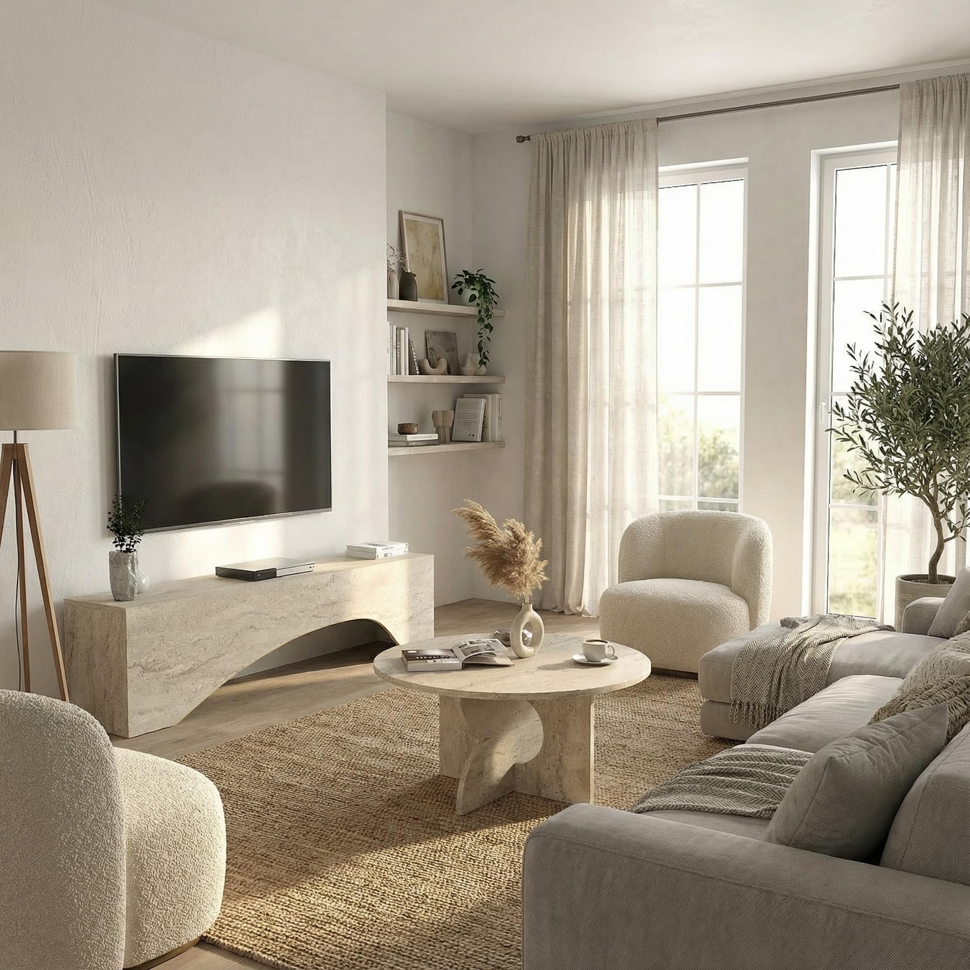 moebel17 TV Lowboard 150 cm Travertin-Optik – TV Schrank für Fernseher bis 65 Zoll – modernes TV Board & TV Ständer in Stein-Optik, Fernsehtisch Lowboard für Wohnzimmer, Beige, 150 x 40 x 31,4 cm