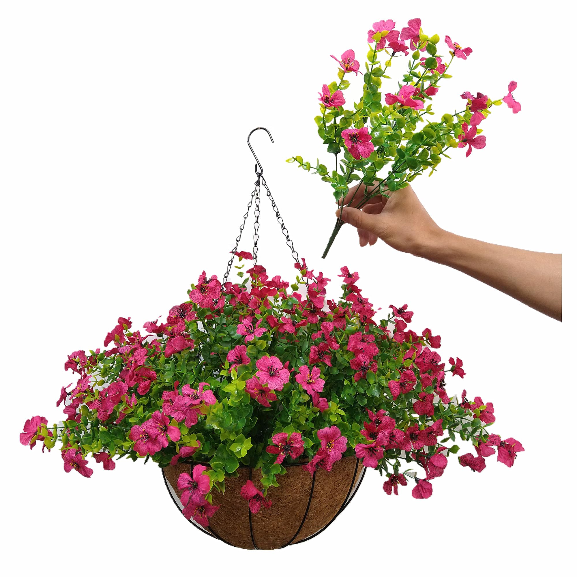 Home Decoration Silk Fabric Fake Flowers DIY Chain Hanging Basket Parlor Garden Wedding Ornaments Cute Pink Artificial Flower Eucalyptus Magnolia (Pink - Big basket)