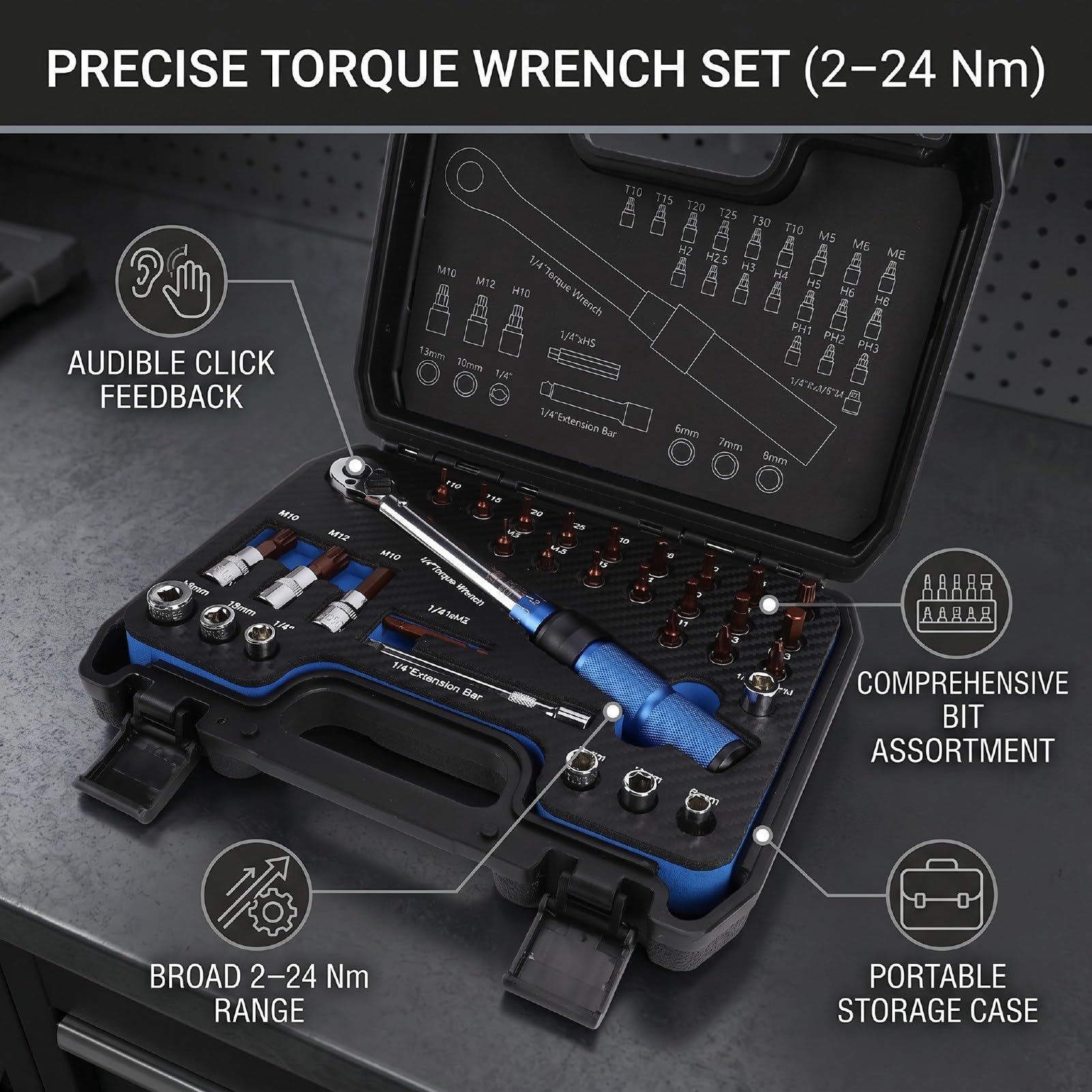 Set di chiavi dinamometriche, kit di attrezzi a cricchetto reversibile regolabile a 72 denti, per manutenzione di biciclette da 2 a 24 NM