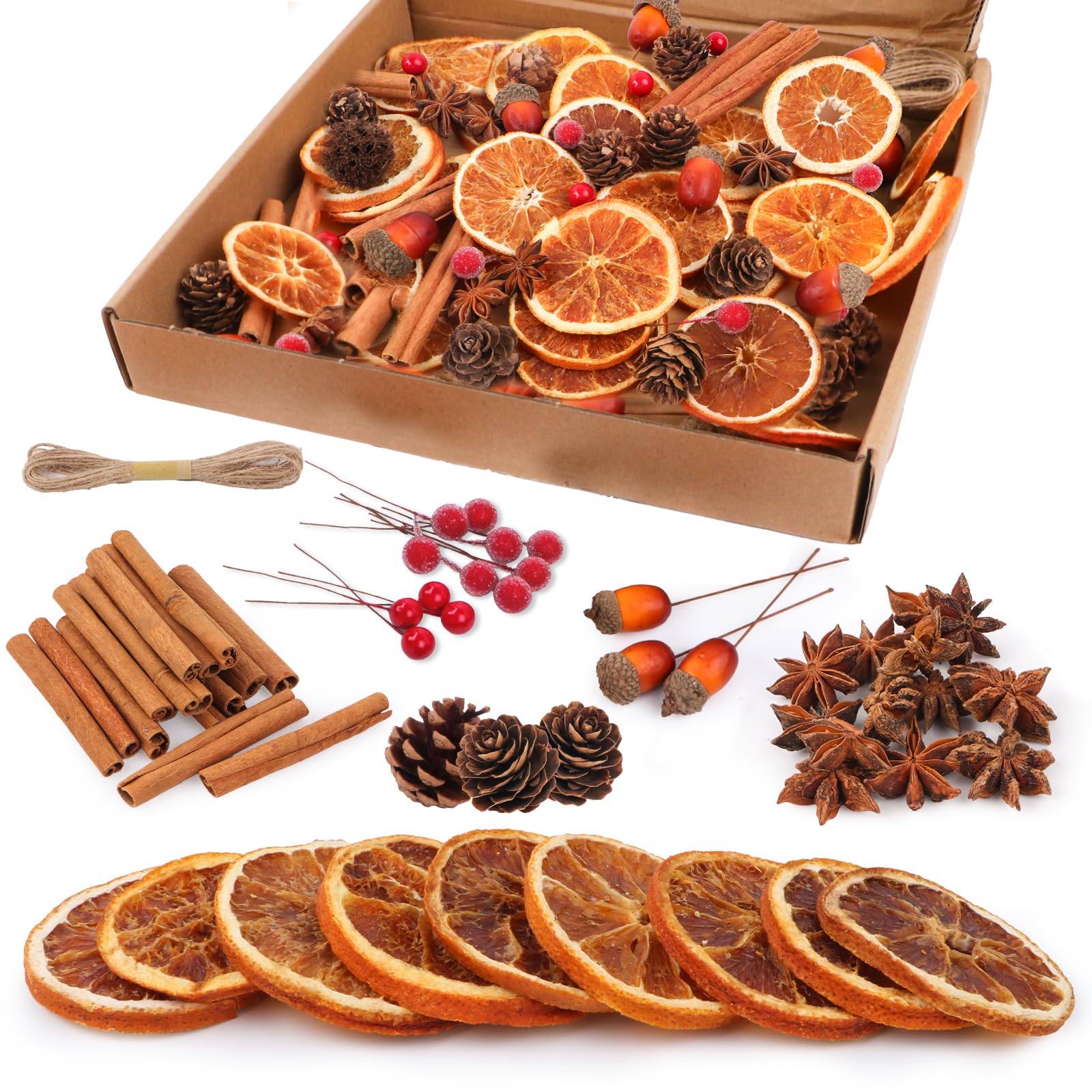 Joxessaien 230 Pcs Christmas Wreath Decoration Set – Dried Orange, Cinnamon, Star Anise, Foam & Artificial Berries, Pine Cones & Jute Twine