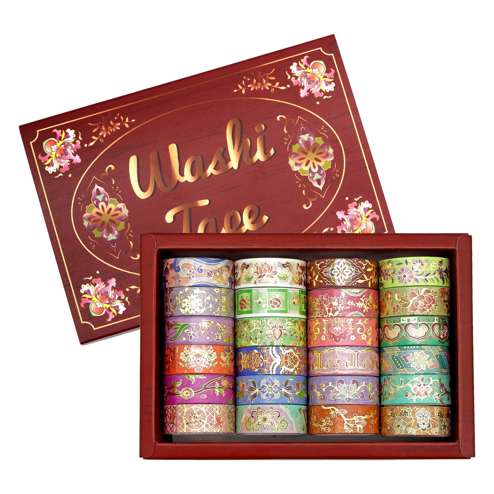 Juego de 24 rollos de cinta Washi, cinta decorativa floral de lámina dorada para álbumes de recortes, diario de viñetas, planificador, manualidades, Navidad, fiesta floral