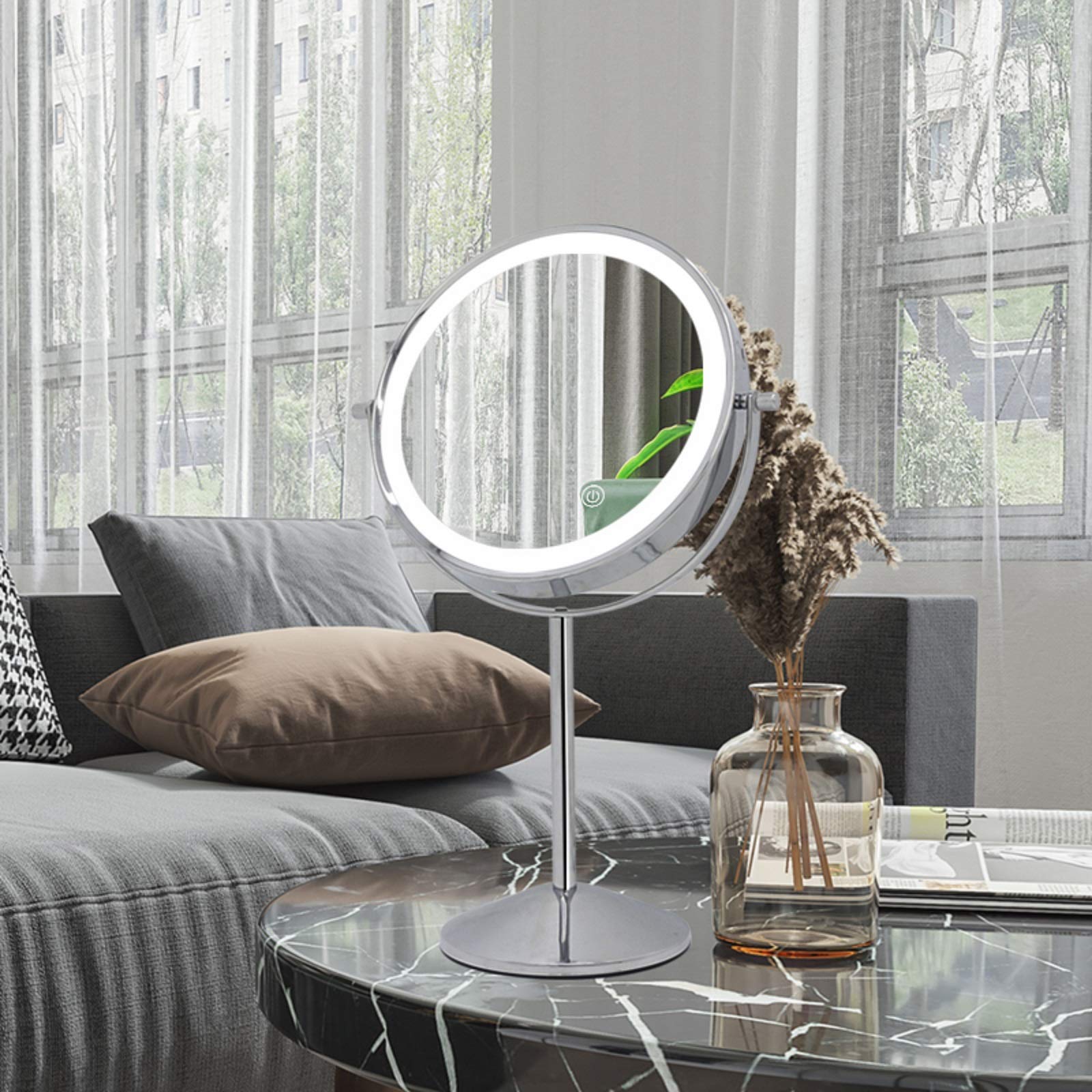 Lusterko do makijażu dwustronne, 1 x 7 x, powiększone lusterko kosmetyczne ze światłem LED, ładowanie USB, ekran dotykowy, 3 kolory, regulacja jasności 360°, obrót toaletki, łazienki, sypialni