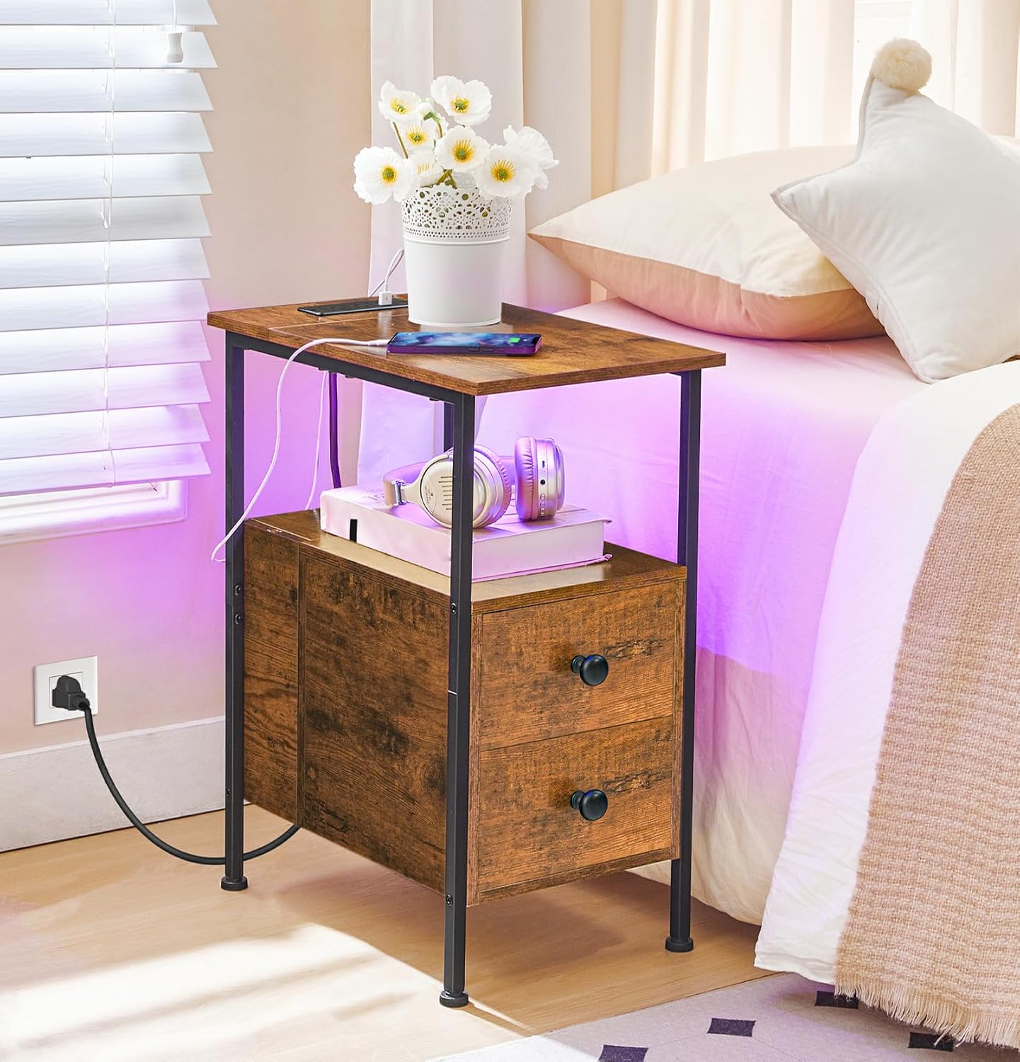 HOOBRO End Table with Charging Station & Led Light, Narrow Side Table with 2 Drawers & USB Ports & Power Outlets, Nightstand for Small Spaces, for Living Room, Bedroom, Rustic Brown Black BF436UDBZ01