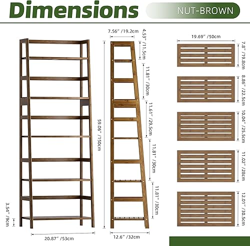 Miniatura 3 de Estante de escalera, estantería de 5 niveles, estantería resistente de bambú, estante de almacenamiento de madera abierta independiente, soporte