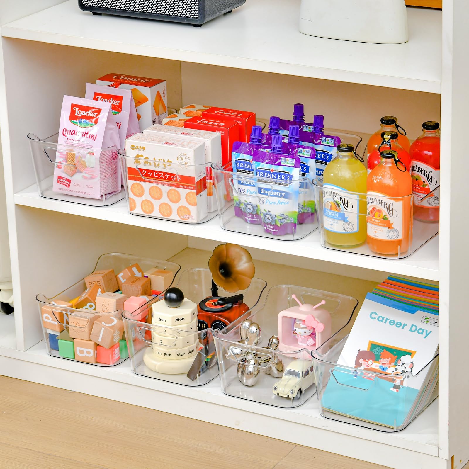Paquete de 6 cajas de almacenamiento de plástico transparente, cesta de almacenamiento de plástico con asa para organizador de armario de cocina, despensa, baño, debajo del fregadero