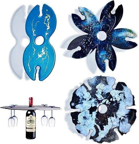 Juego de 3 moldes de resina de silicona con forma de flor, soporte para copas de vino, portavasos, moldes de fundición de resina epoxi, bastidores