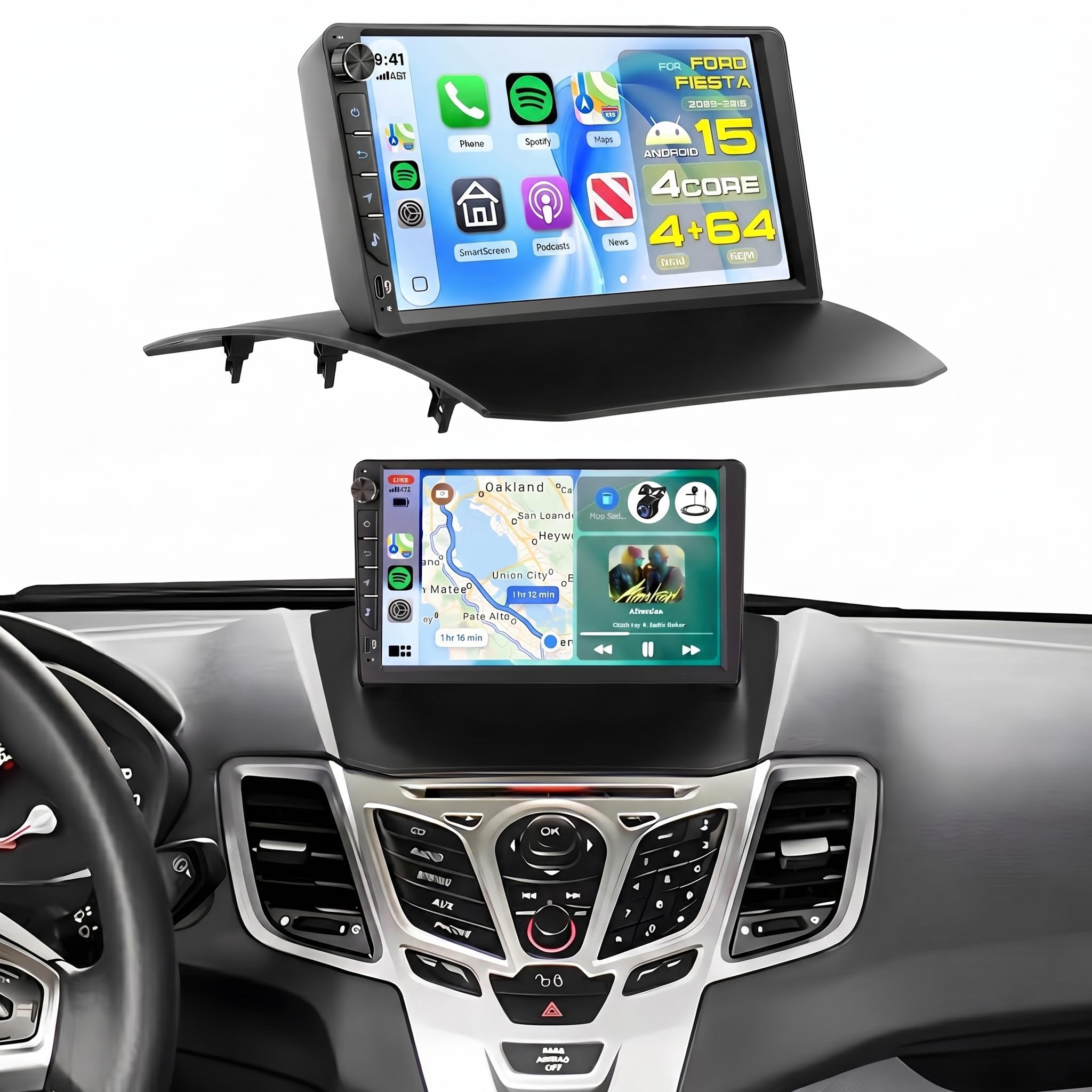 4 Core 4G+64G for Ford Fiesta 2009-2016 Car Radio Android 15 9" 1280P Incell Touchscreen with Type-C,Buttons, Stereo Upgrade with Wireless Carplay Android Auto BT5.0 GPS WiFi FM/RDS SWC Backup Camera-image-15