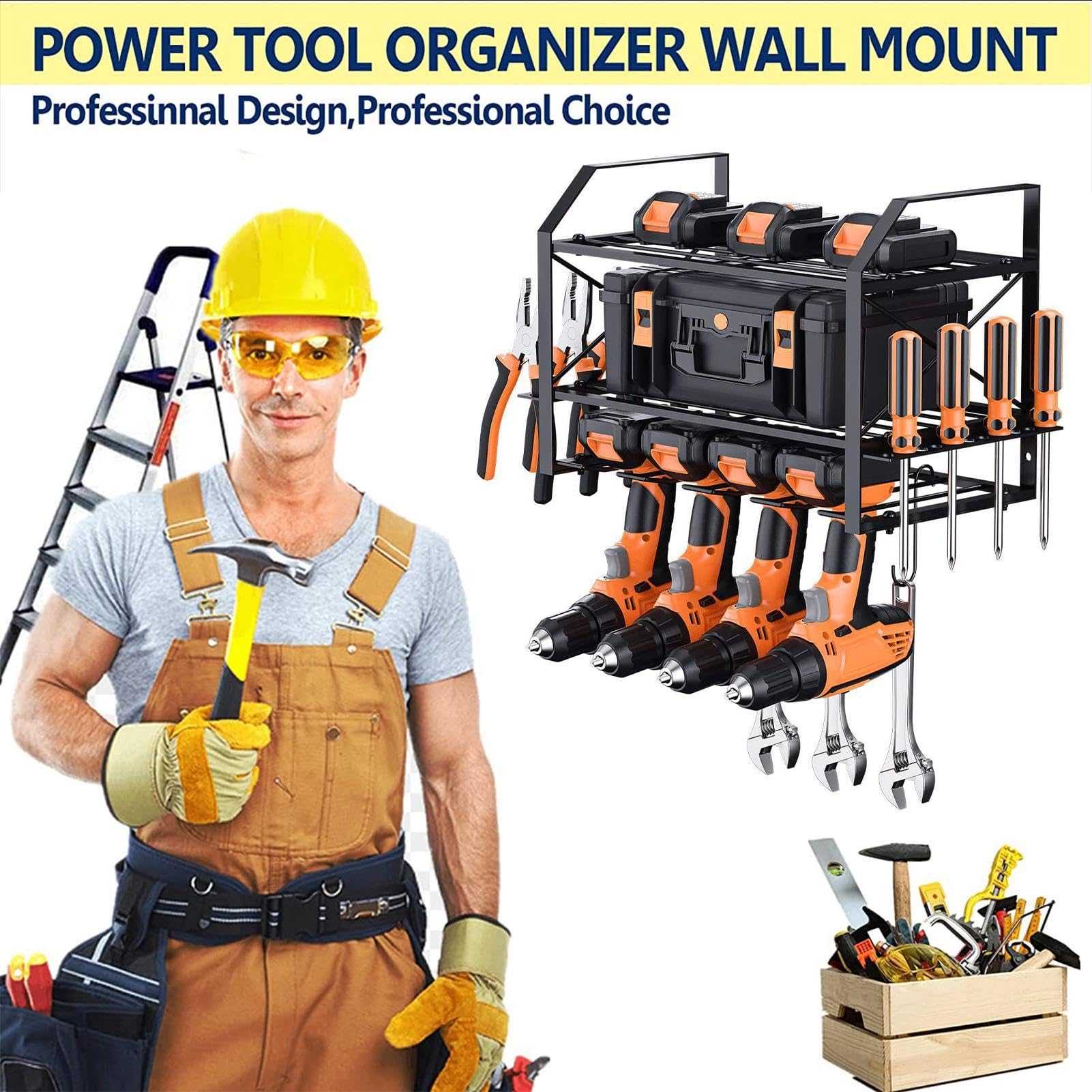 Pared organizador de herramientas eléctricas: soporte de estación de carga | de taladro extraíble de 3 capas | Soporte de almacenamiento de herramientas resistente para taladros, cajas de herramientas,