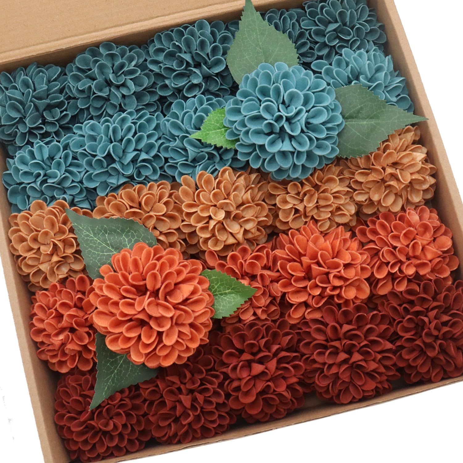 D-Seven Artificial Flowers 25pcs Teal & Burnt Orange Ombre Fake Foam Dahlia Daisy Flowers with Stem for DIY Wedding Bouquets Baby Shower Cake Flower