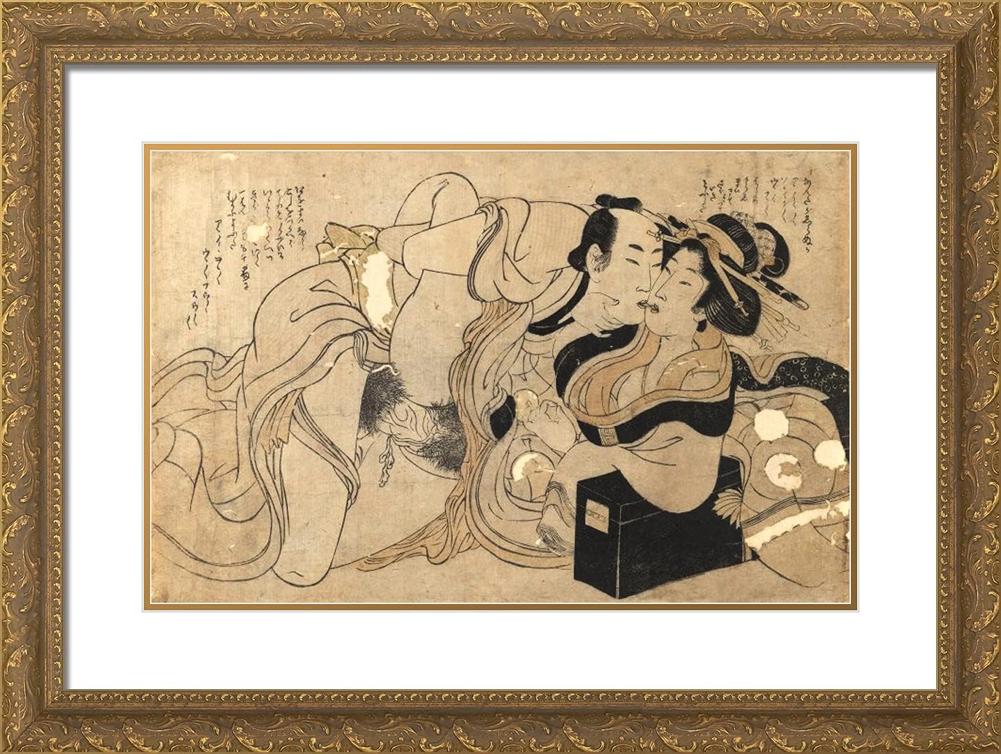 ArtDirect Utamaro, Kitagawa 24x18 Black Modern Framed Art Print Titled: Amorous Couple