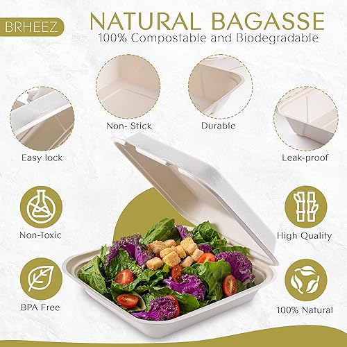 Vista 11 de brheez Recipientes desechables de fibra de bagazo biodegradables con tapas para llevar, fiestas y vacaciones, paquete de 50 cajas sin productos