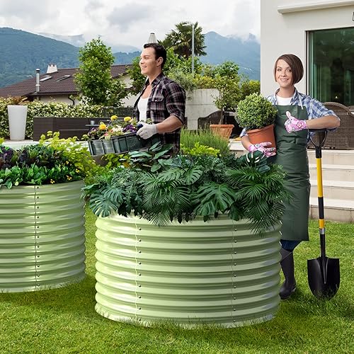 Miniatura 6 de OLLE Camas de jardín elevadas de 32 pulgadas de alto, para exteriores, para verduras, cama de jardín redonda galvanizada elevada, cajas de jardín de