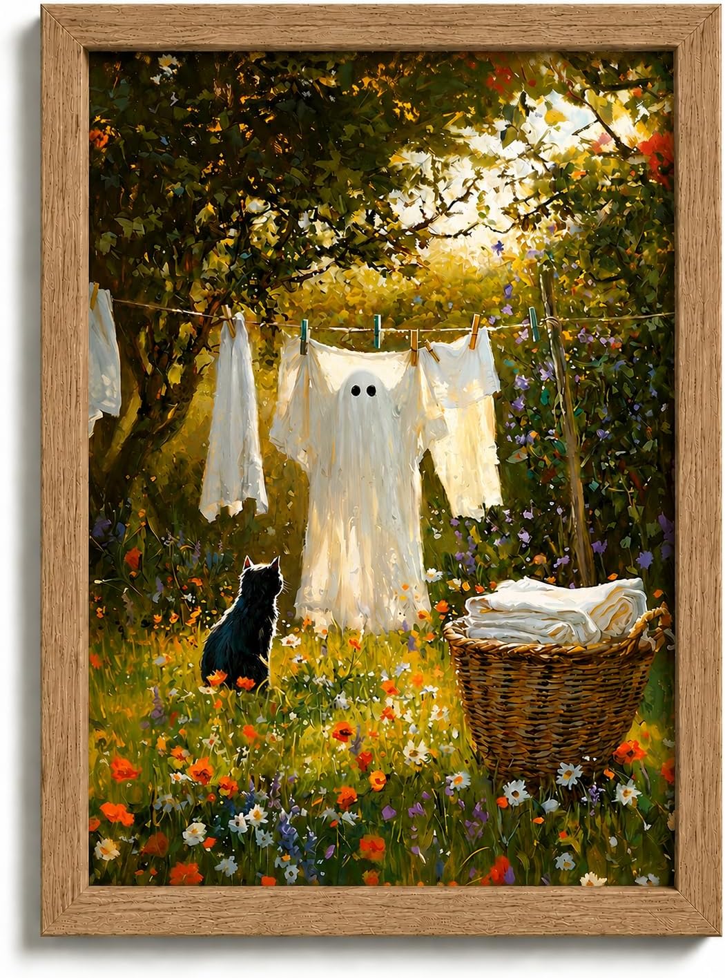 Framed Ghost Clothesline with Black Cat Wall Art,Funny Laundry Painting Picture Wall Decor,Rustic Spooky Cute Ghost Poster Print Artwork,for Laundry Room Bathroom Farmhouse Halloween Home Decoration
