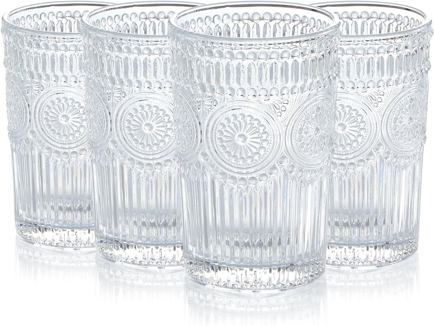 EdirFtra 4pcs Glasses, Vintage Embossed Glass Tumblers, Water Cups, Capacity 370ml