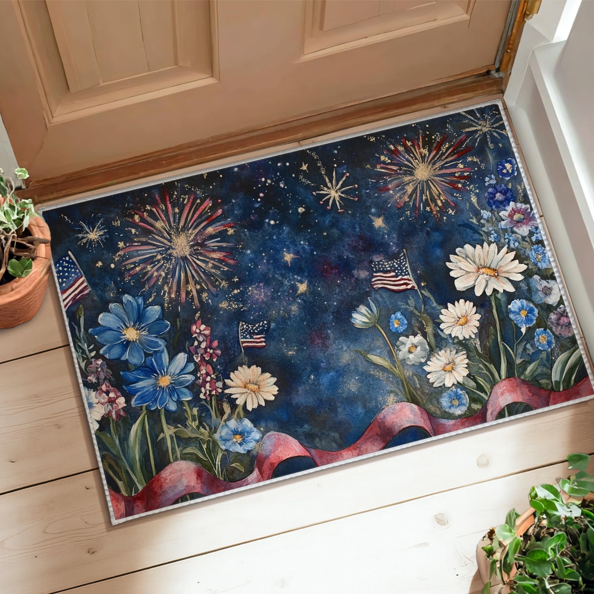 Tapis de feux d'artifice résistant décoloration marguerites bleu