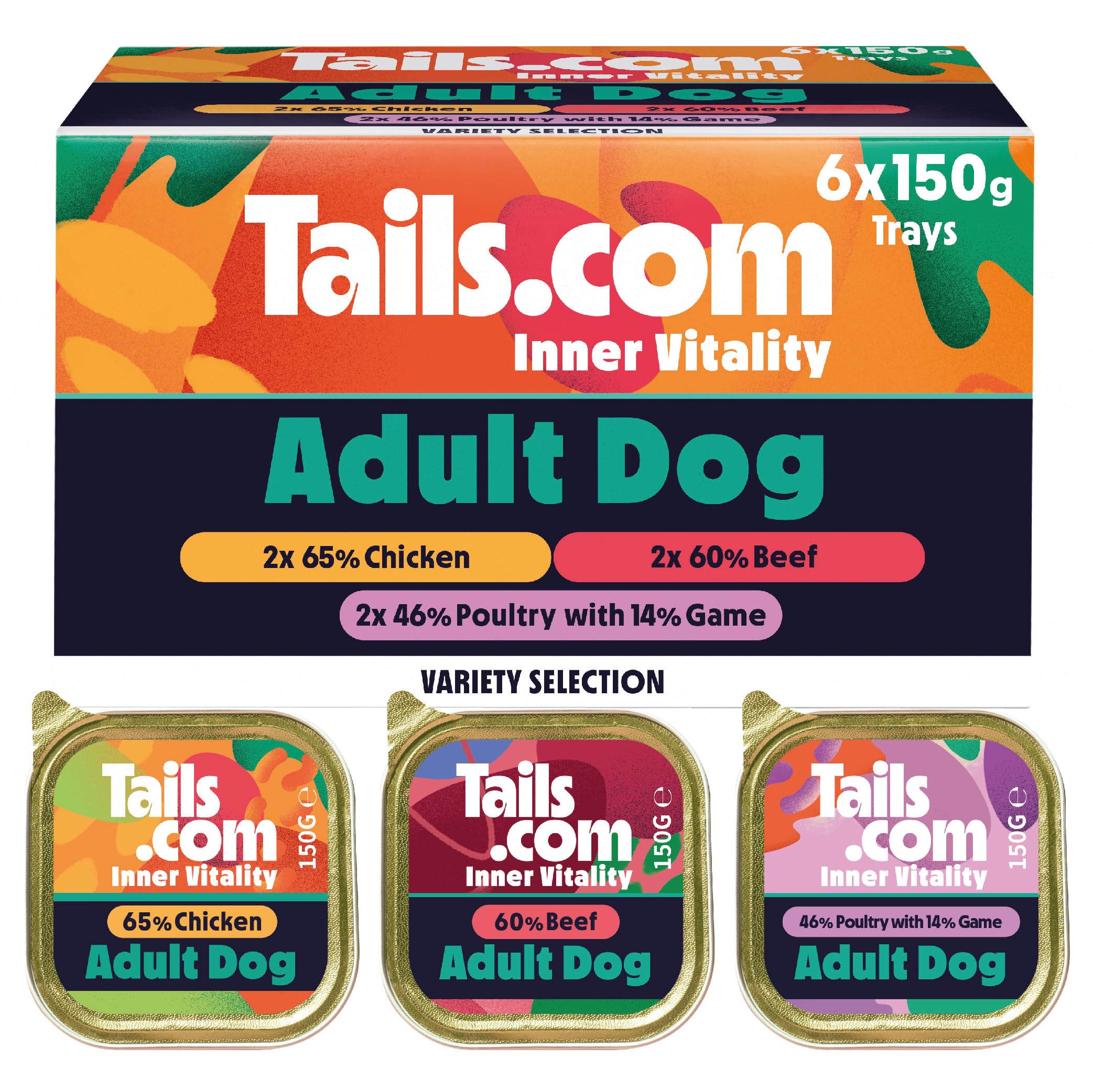 Tails.com • Wet Dog Food 6 x 150g • Variety Multipack 65% Chicken, 60% Beef and 60% Poultry & Game • Adult 1-7 years • Grain Free Recipes • Made with natural ingredients — image 1