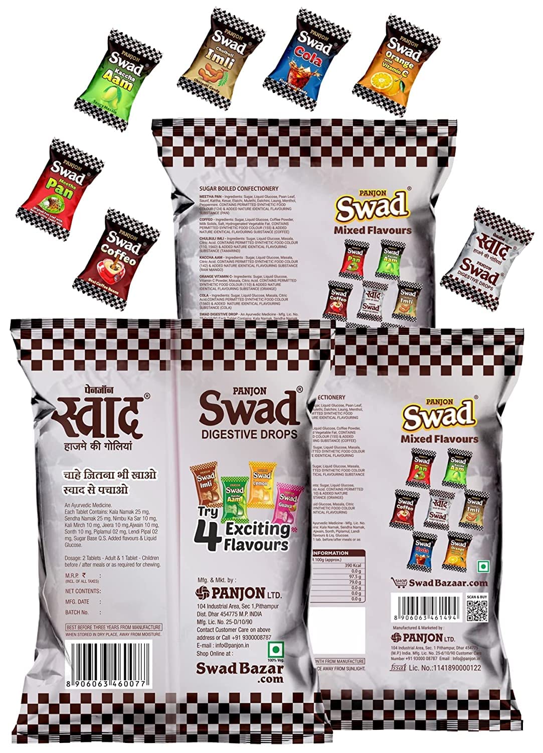 Swad Original Toffee (1 Pack) & Swad Mixed Candy (2 Pack) Pan, Imli, Coffee, Kaccha Aam, Cola, Orange | 3 Pack x 50 Toff