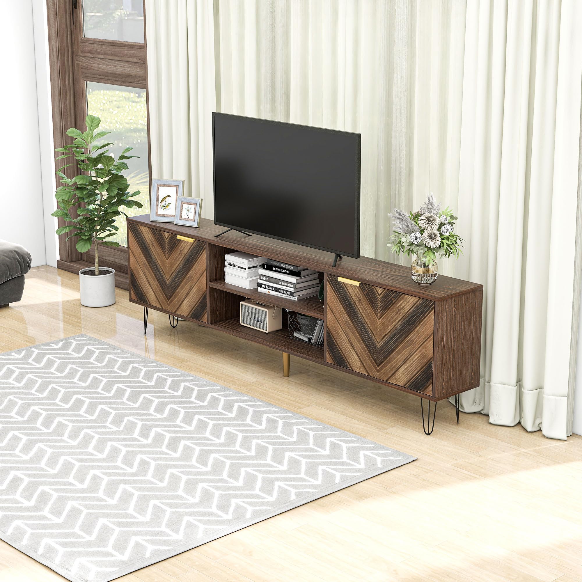Niska szafka pod telewizor 155 x 38 x 48 cm, imitacja drewna, fornir z litego drewna z 2 drzwiami, złote uchwyty, żelazne nóżki, szafka pod telewizor do 65 cali, szafka pod telewizor, kredens, szafka