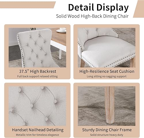 Miniatura 5 de Juego de 4 sillas de comedor modernas, sillas de comedor tapizadas con patas de madera maciza, silla de cocina de tela de lino beige, Sillas de