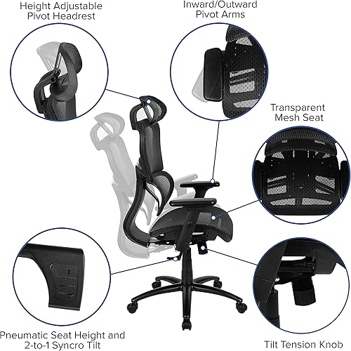 Miniatura 5 de Flash Furniture LO Silla de oficina ergonómica de malla con inclinación sincronizada 2 a 1, reposacabezas ajustable, soporte lumbar y brazos