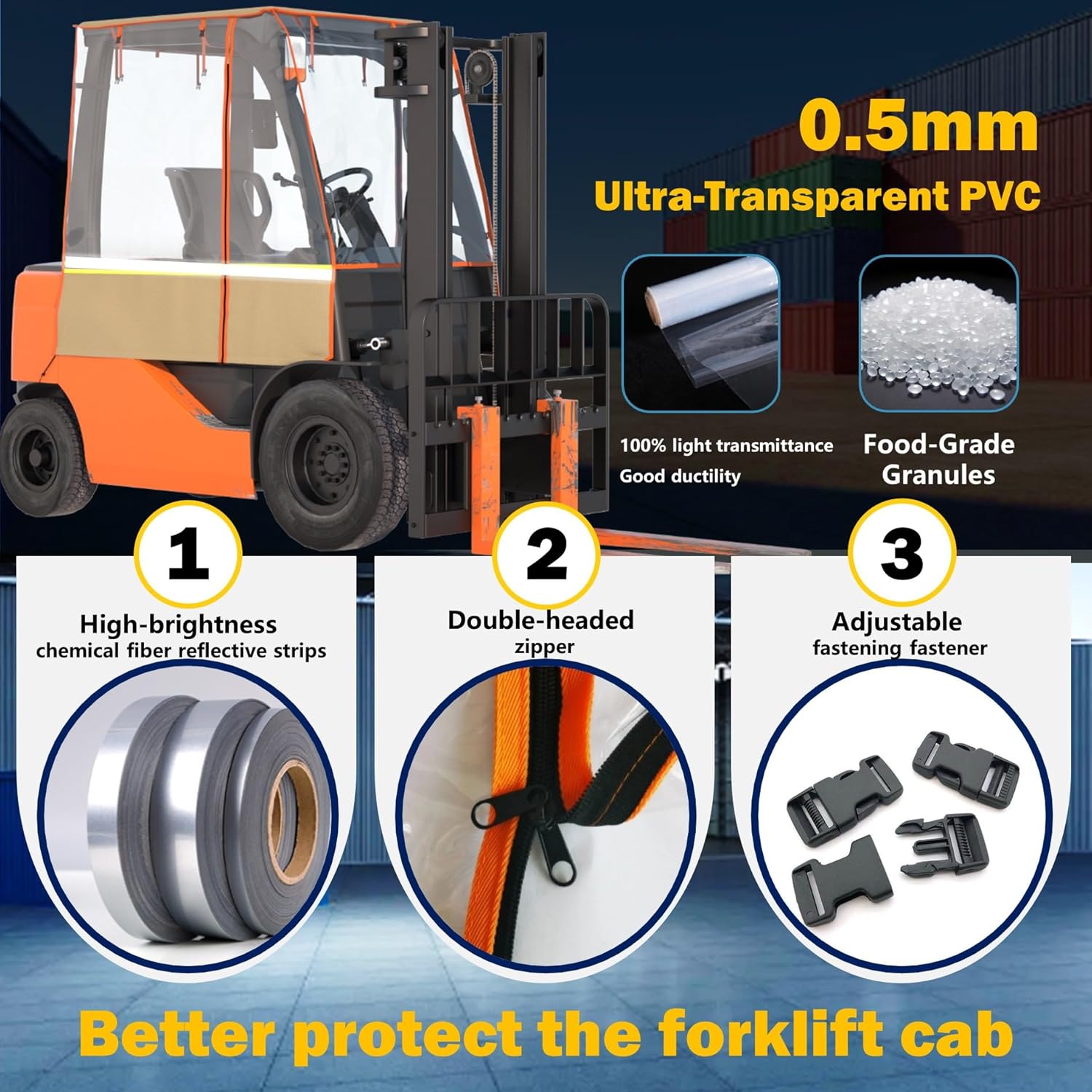 BENVOL Forklift Cab Enclosure Cover - Heavy Duty 0.5mm Clear PVC & 600D Silver-Coated Oxford - Universal Forklift Rain Cover Sunshade Fits Toyota Hyster Yale up to 6000lbs - Waterproof & UV Protection
