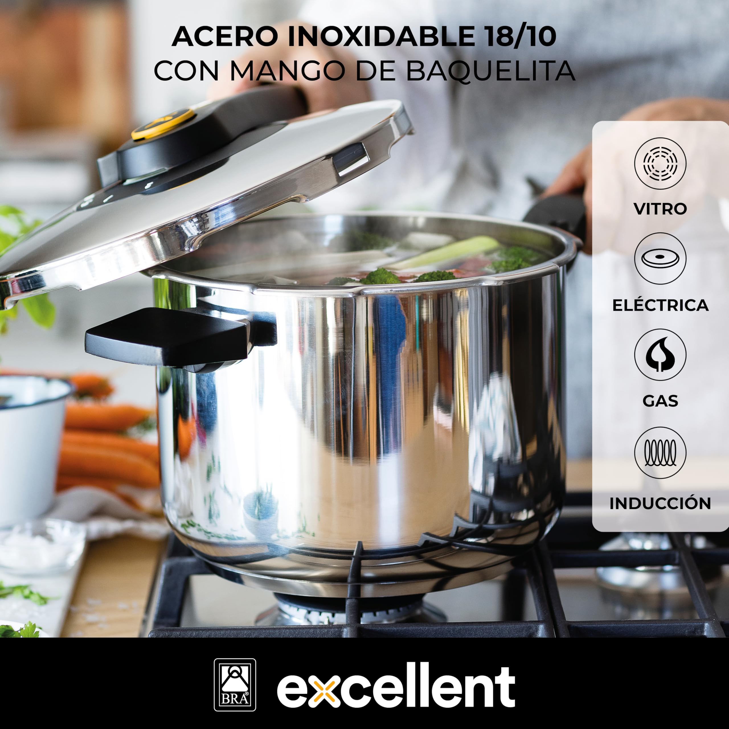 BRA Excellent | Set olla a Presión Rápida de Fácil Aberura de 4+7 Litros, Fabricada en Acero Inoxidable 18/10, 2 Programas de Cocción y Sistema de Bloqueo de Apertura, Apta para Todo Tipo de Cocinas