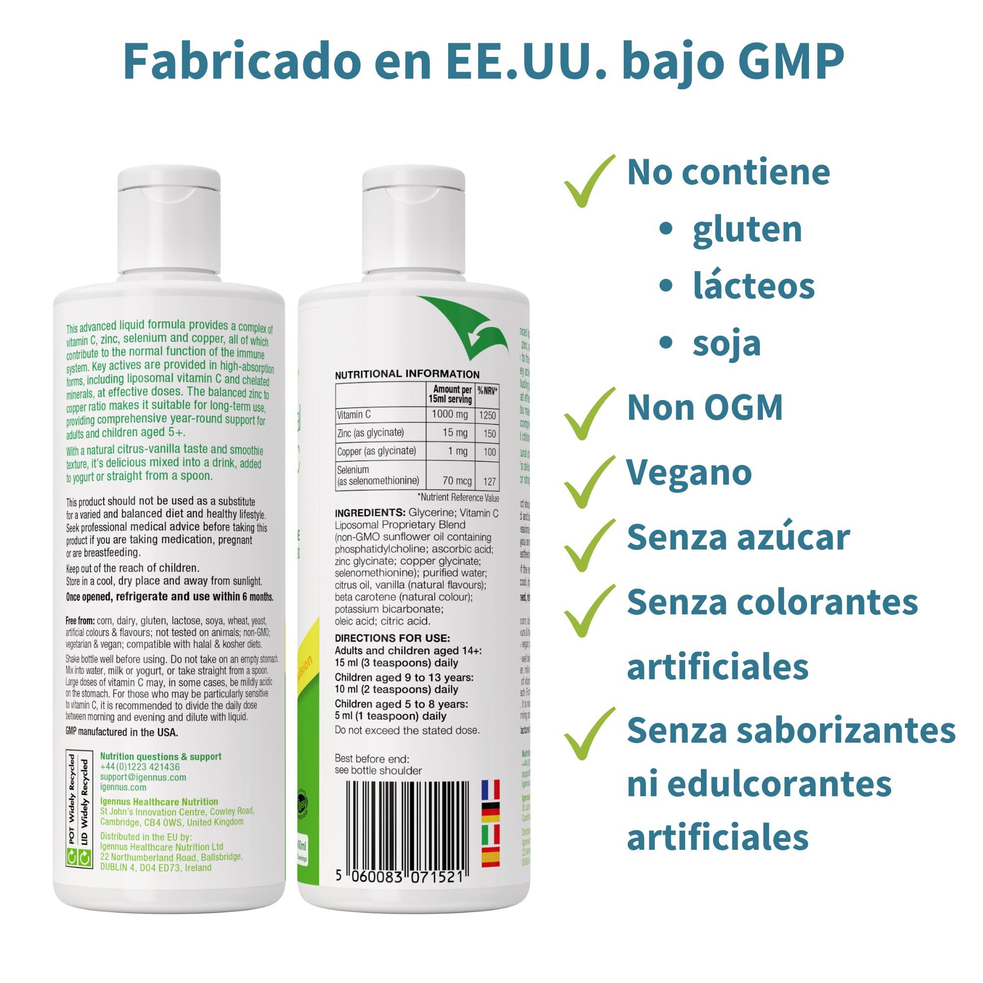 Complejo de Vitamina C Liposomal 1000mg con Zinc, Cobre y Selenio, Formato Líquido, Refuerzo Inmunológico para Adultos y Niños, Sabor a Cítricos y Vainilla, 30 Dosis de Igennus