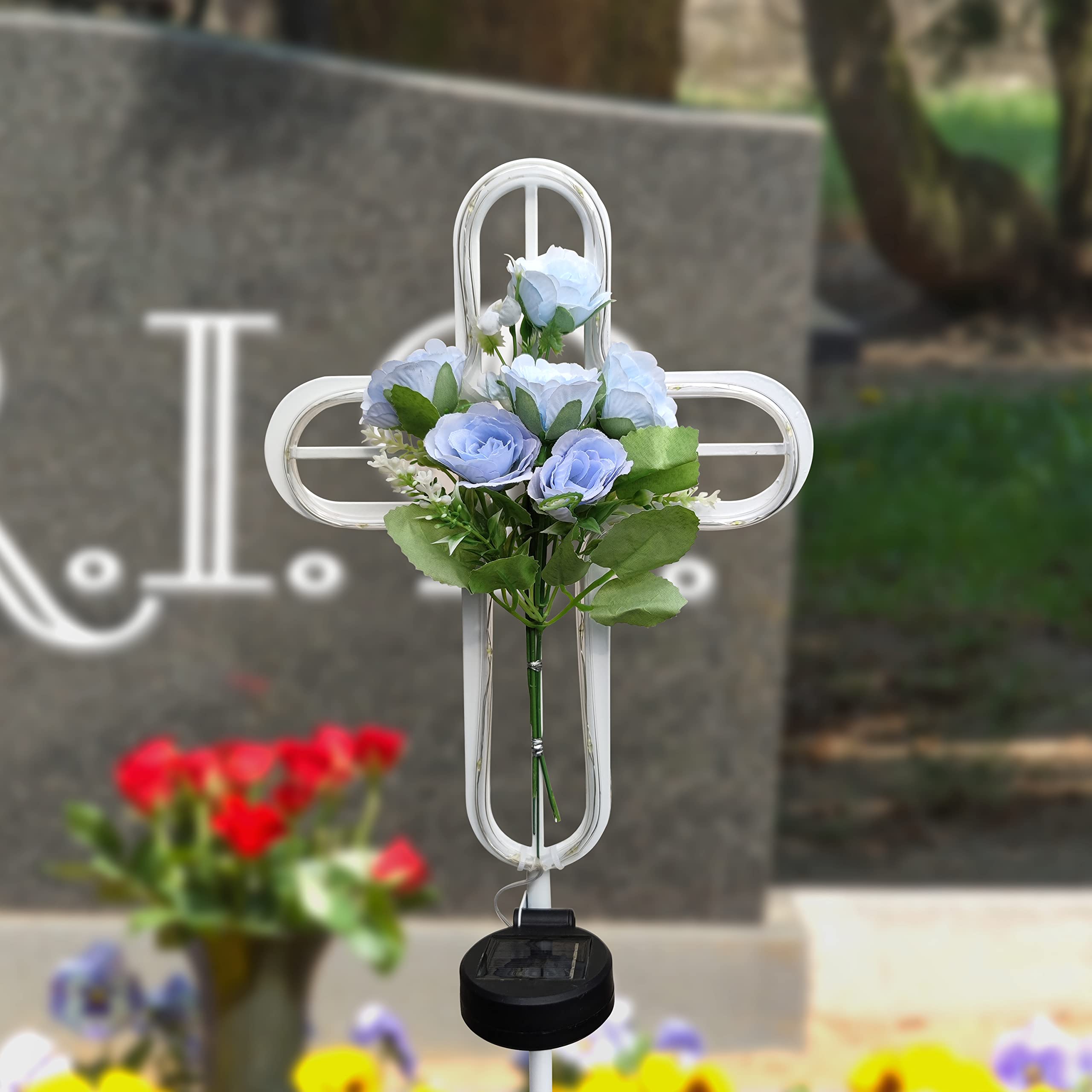 JOYBEE HOME&GARDENJOYBee Solar Cross Garden Lights Outdoor-Solar Cross for Cemetery Grave-Blue Artificial Flowers Cross Stake Solar Lights Waterproof 20White LED for Remembrance Gifts & Sympathy Gifts