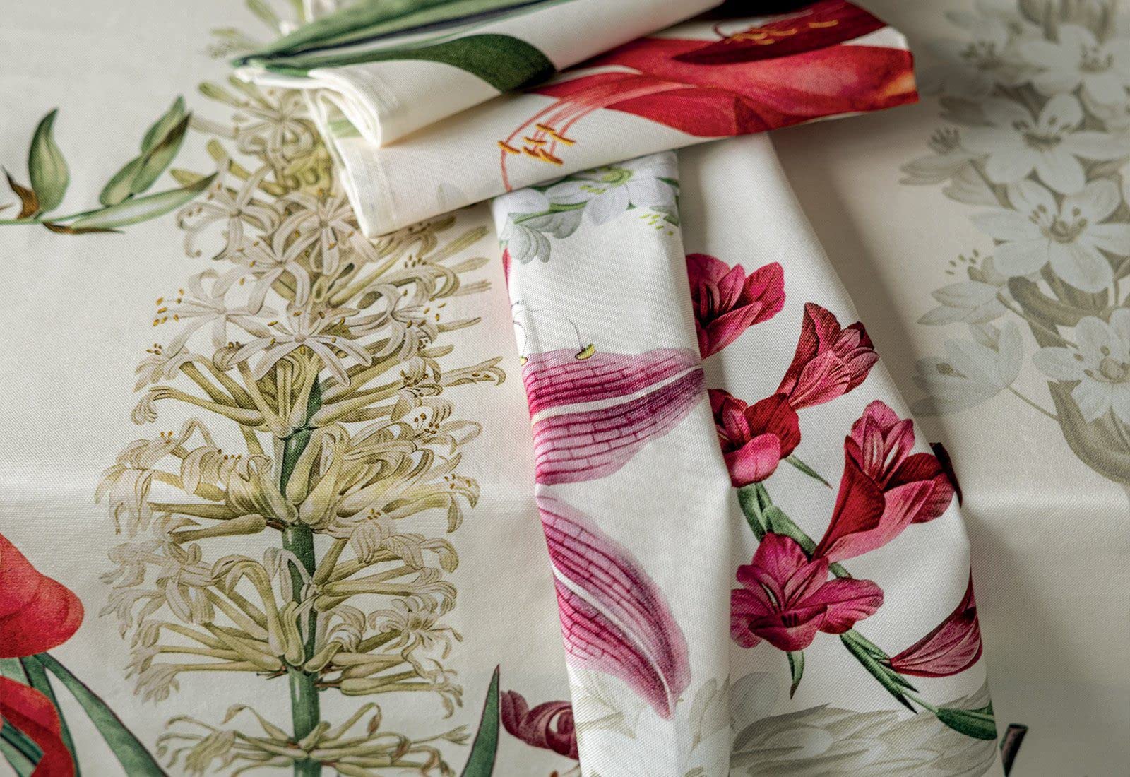 Tag House - Tovaglia da Tavola Puro Cotone Stampato Alta Qualità, Rettangolare, Copritavolo Elegante Amaryllis, Maxi 12 posti 170x270 cm Made in Italy