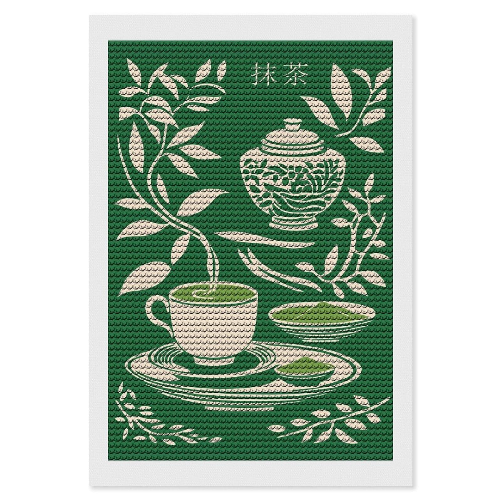 Junmoney Matcha Tea Illustration DIY Diamond Art Canvas Kit 8"x12", Decorate Your Room, Sparkling Round Gems, Fun Craft Experience, Farmhouse Decor
