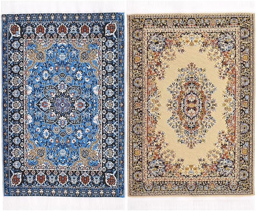 iLAND Miniature Dollhouse Accessories Vintage of Carpet for Dollhouse Furniture on 1/12 Scale and 3” - 12” Dolls, Woven Dollhouse Rugs 6” x 3.8”(2pcs Brilliance)