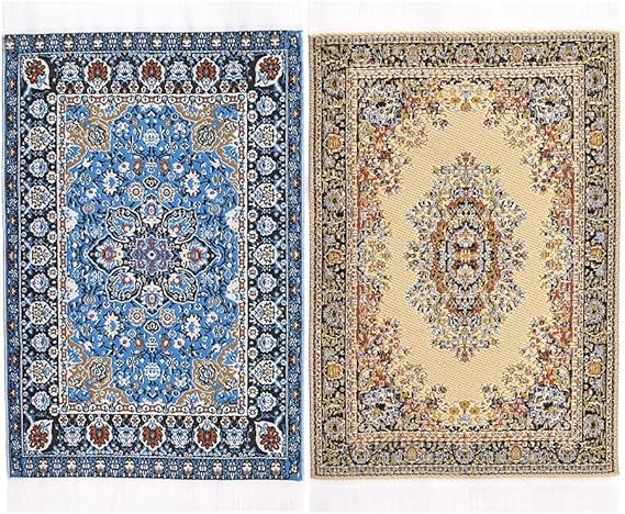 iLAND Miniature Dollhouse Accessories Vintage of Carpet for Dollhouse Furniture on 1/12 Scale and 3” - 12” Dolls, Woven Dollhouse Rugs 6” x 3.8”(2pcs Brilliance)