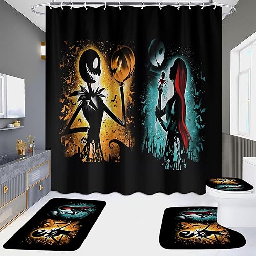 DDQTOUCH Juego de baño de 4 piezas con cortina de ducha y alfombras, juego de cortina de ducha de Halloween Jack Skellington con 12 ganchos (Jack-6)