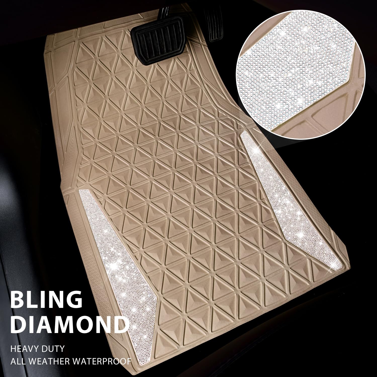 CAR PASS Bling Diamond Car Mats Rubber Floor Mats Full Set Anti-Slip 3D Rhombus Waterproof Trim to Fit Liner Universal Glitter Crystal Sparkly Shining Rhinestone Girl Women SUV Sedan Van, Black Red