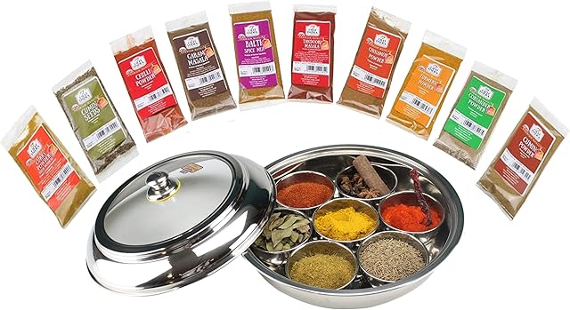 Indian Spice Kit Stainless Steel Spice Tin Masala Dabba with 7 Compartments Bowls & 10 Indian Spices Included Indian Curry Spice Kit Tin Container with Spices Spice Gift Set