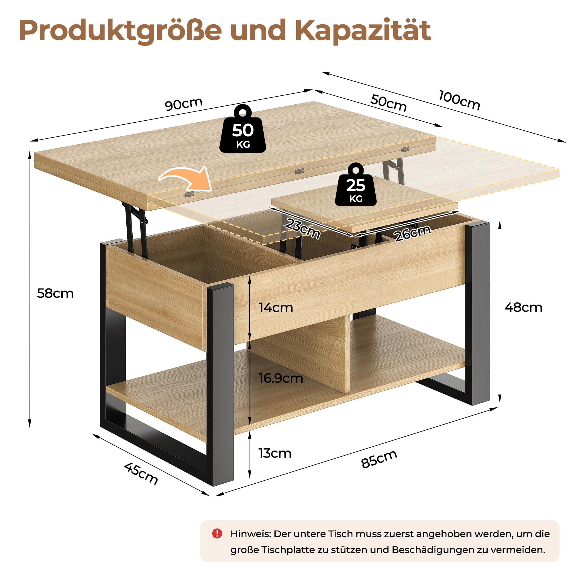 Couchtisch Höhenverstellbar und Ausziehbar, 4-in-1 Wohnzimmertisch Höhenverstellbar Holz, Rechteckiger Couchtisch Aufklappbar mit Stauraum, Wandelbar zum Esstisch, Eiche Natur